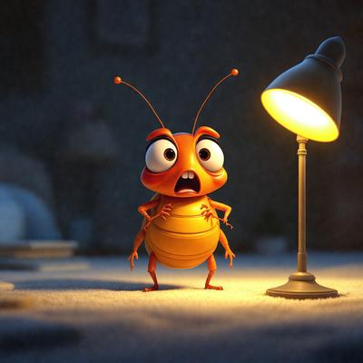The primary subject of the image is a cartoon-like orange ant with big eyes, standing in a room with a light shining on it. The ant appears to be surprised or scared. The setting includes a dining table and a chair, suggesting that the room might be a dining area. The visual style is a combination of digital art and illustration, creating a whimsical and playful atmosphere. The dominant colors are orange and white, with the orange ant being the main focus of the image.